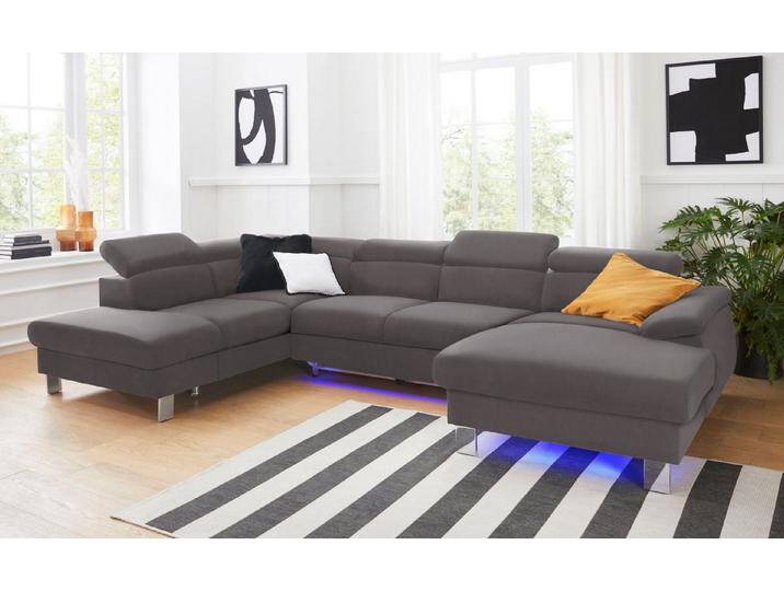 COTTA Polstergarnitur Komaris U-Form, B: 320 bzw. 100 cm (Set: Wohnlandschaft & Hocker), (Set), mit Kopfteilverstellung, Bettkasten & Licht, grau von Cotta