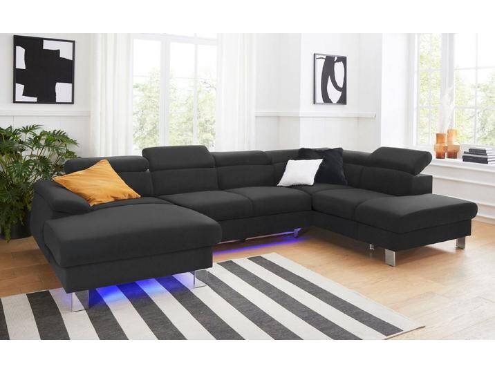 COTTA Polstergarnitur Komaris U-Form, B: 320 bzw. 100 cm (Set: Wohnlandschaft & Hocker), (Set), mit Kopfteilverstellung, Bettkasten & Licht, schwarz von Cotta