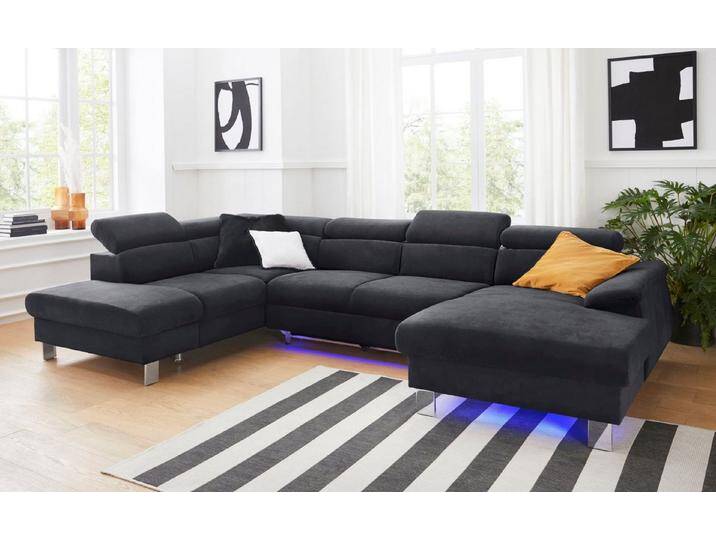 COTTA Polstergarnitur Komaris U-Form, B: 320 bzw. 100 cm (Set: Wohnlandschaft & Hocker), (Set), mit Kopfteilverstellung, Bettkasten & Licht, schwarz von Cotta