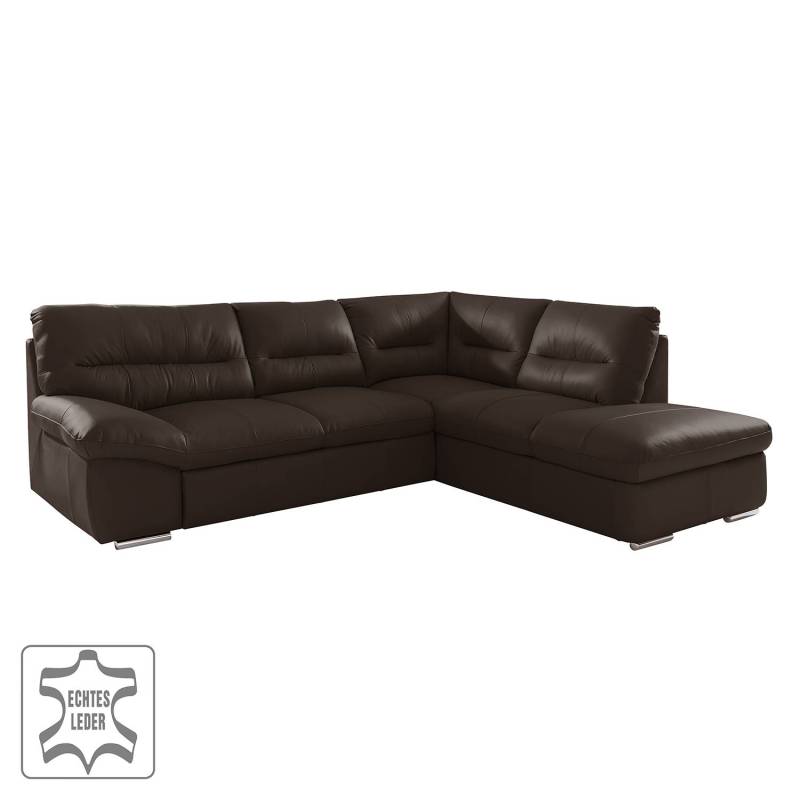 home24 Ecksofa mit Ottomane Braun Echtleder Ramsa 268 x 90 x 216cm Ottomane davorstehend rechts mit Schlaffunktion Modern von home24