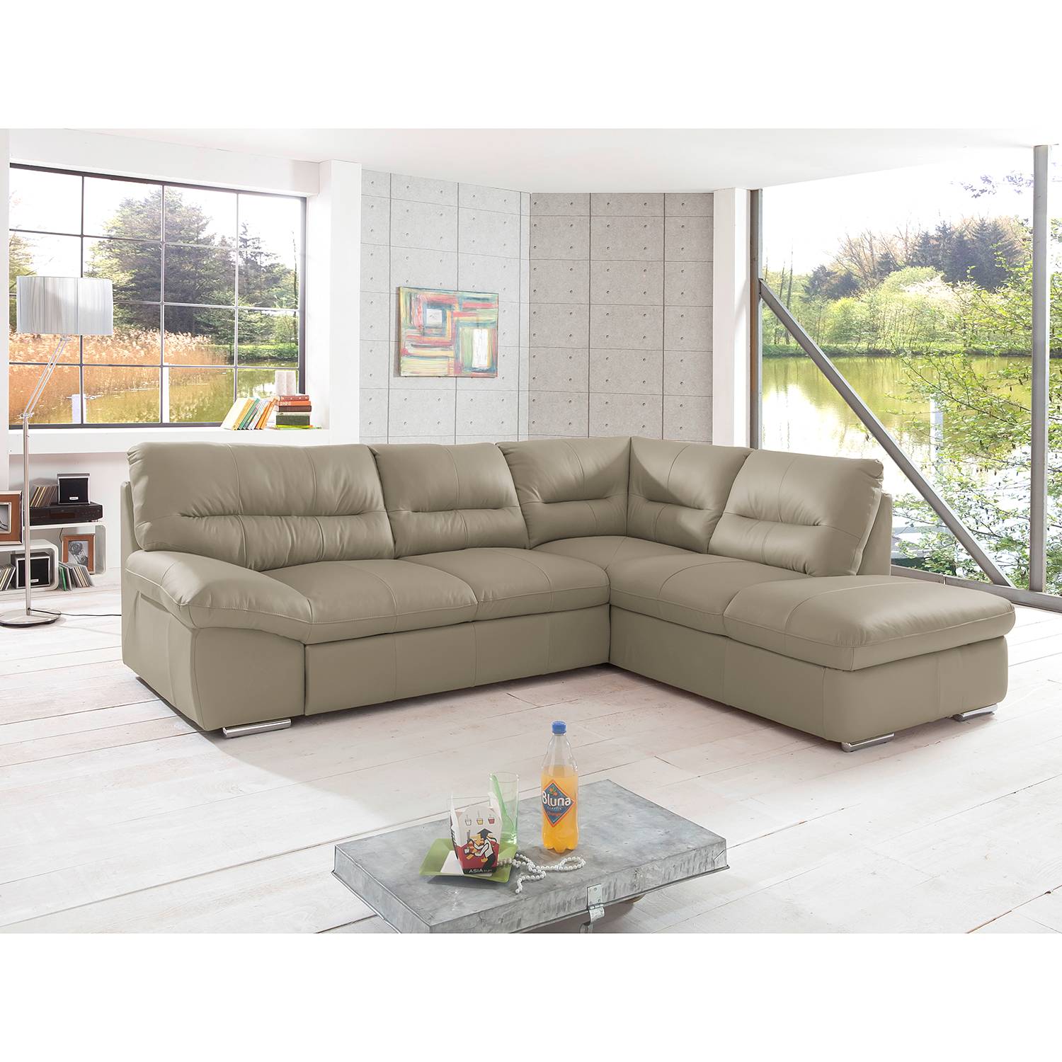 Cotta Ecksofa Doug Hellgrau Echtleder 268x87x216 cm mit Schlaffunktion und Bettkasten von Cotta