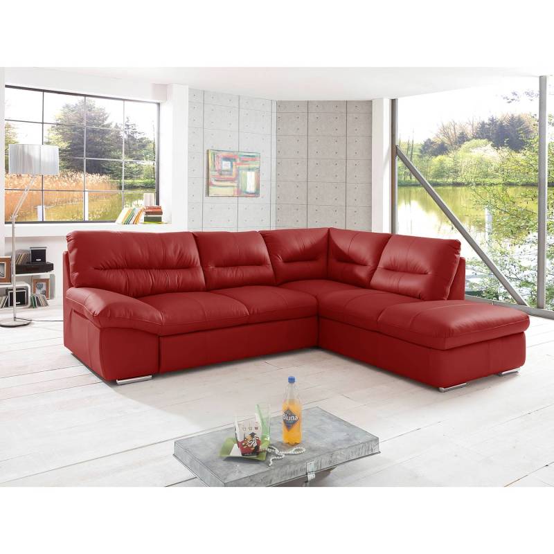 home24 Ecksofa mit Ottomane Rot Echtleder Ramsa 268 x 90 x 216cm Ottomane davorstehend rechts mit Schlaffunktion Modern von home24