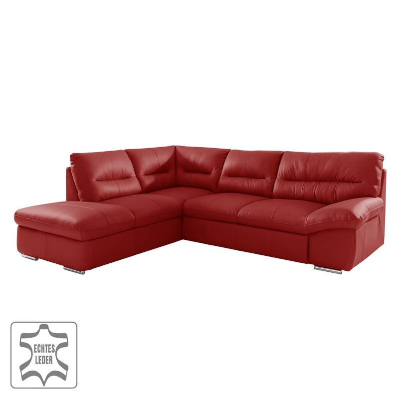 home24 Ecksofa mit Ottomane Rot Echtleder Ramsa 268 x 90 x 216cm Ottomane davorstehend links mit Schlaffunktion Modern von home24