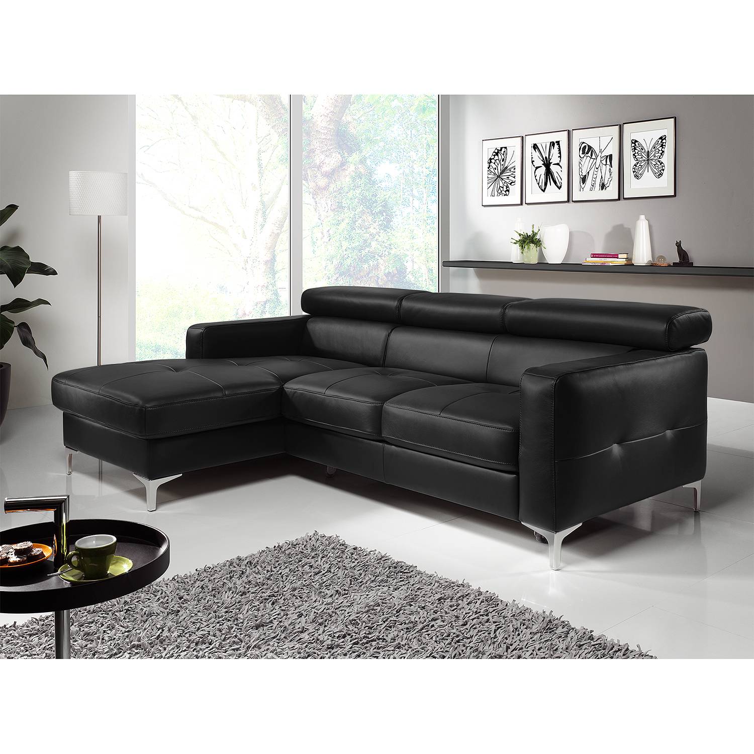 Cotta Ecksofa Eduardo I 2-Sitzer Schwarz Echtleder 226x74x169 cm (BxHxT) mit Schlaffunktion/Bettkasten Modern von Cotta