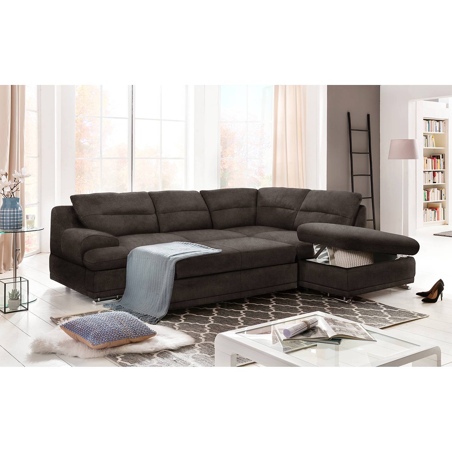 Cotta Ecksofa Rollin Kokosnuss Braun Microfaser 264x88x217 cm mit Schlaffunktion und Bettkasten von Cotta