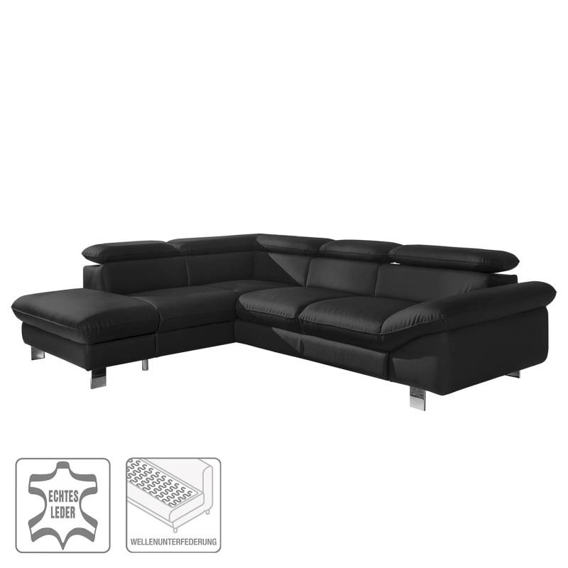 home24 Ecksofa Echtleder mit Ottomane Schwarz/Schwarz Echtleder 266 x 73 x 214cm Ottomane davorstehend links ohne Schlaffunktion Modern von home24