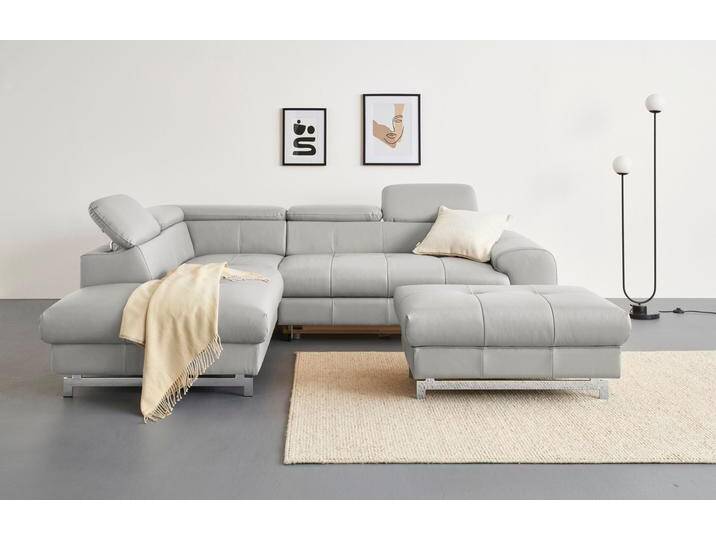 Ecksofa COTTA Chef L-Form , grau (argent), B:257cm H:72cm T:206cm, Luxus-Microfaser (100% Polyester), Kunstleder Softlux, Leder Advantage (abgedecktes Spalt-Rindsleder), Rückseite mit schwarzem Spannstoff bezogen, NaturLEDER (echtes Rindsleder), Rückseite mit schwarzem Spannstoff bezogen, Sofas, mit Kopfteilverstellung, edle Metallkufen, wahlweise mit Bettfunktion von Cotta