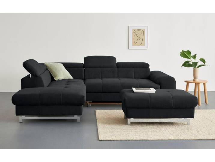 Ecksofa COTTA Chef L-Form , grau (lava), B:257cm H:72cm T:206cm, Luxus-Microfaser (100% Polyester);Kunstleder Softlux;Leder Advantage (abgedecktes Spalt-Rindsleder), Rückseite mit schwarzem Spannstoff bezogen;NaturLEDER (echtes Rindsleder), Rückseite mit schwarzem Spannstoff bezogen, Sofas, mit Kopfteilverstellung, edle Metallkufen, wahlweise mit Bettfunktion von Cotta