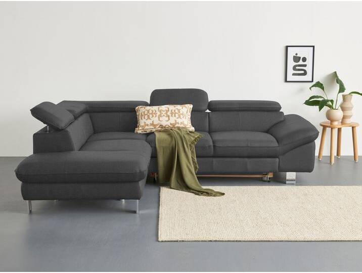 Ecksofa COTTA Driver L-Form , grau (dunkelgrau), B:268cm H:73cm T:214cm, Kunstleder SOFTLUX, LEDER BEEFY (ein abgedecktes Spalt-Rindsleder) im Sitz und Rücken (Korpus in Kunstleder), Luxus-Kunstleder, NaturLEDER (echtes Rindsleder) im Sitz und Rücken (Rückseite mit Spannstoff bezogen), Sofas, mit Kopfteilverstellung, wahlweise mit Bettfunktion & Bettkasten von Cotta
