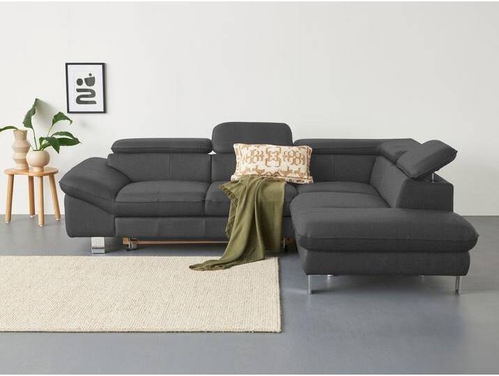 Ecksofa COTTA Driver L-Form , grau (dunkelgrau), B:268cm H:73cm T:214cm, Kunstleder SOFTLUX, LEDER BEEFY (ein abgedecktes Spalt-Rindsleder) im Sitz und Rücken (Korpus in Kunstleder), Luxus-Kunstleder, NaturLEDER (echtes Rindsleder) im Sitz und Rücken (Rückseite mit Spannstoff bezogen), Sofas, mit Kopfteilverstellung, wahlweise mit Bettfunktion & Bettkasten von Cotta