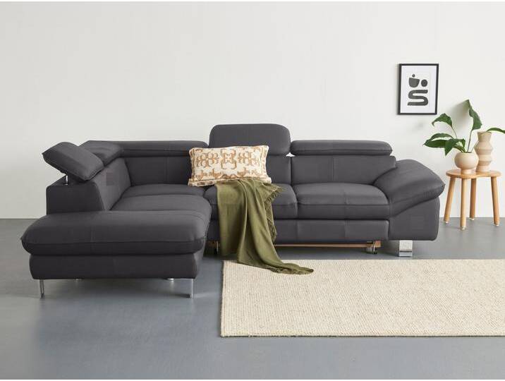 Ecksofa COTTA Driver L-Form , grau (fango), B:268cm H:73cm T:214cm, Kunstleder SOFTLUX;LEDER BEEFY (ein abgedecktes Spalt-Rindsleder) im Sitz und Rücken (Korpus in Kunstleder);Luxus-Kunstleder;NaturLEDER (echtes Rindsleder) im Sitz und Rücken (Rückseite mit Spannstoff bezogen), Sofas, Ecksofa, mit Kopfteilverstellung, wahlweise mit Bettfunktion & Bettkasten von Cotta