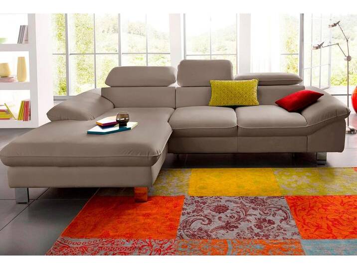 Ecksofa COTTA Driver L-Form , grau (stein), B:268cm H:73cm T:169cm, LEDER BEEFY (ein abgedecktes Spalt-Rindsleder) im Sitz und Rücken (Korpus in Kunstleder), Luxus-Kunstleder, Kunstleder SOFTLUX, NaturLEDER (echtes Rindsleder), Rückseite mit schwarzem Spannstoff bezogen, Sofas, mit Kopfteilverstellung, wahlweise mit Bettfunktion & Bettkasten von Cotta