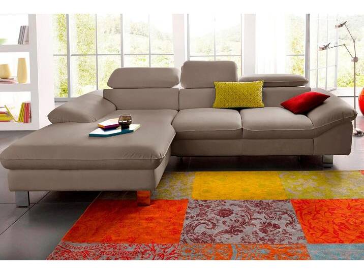 Ecksofa COTTA Driver L-Form , grau (stein), B:268cm H:73cm T:169cm, LEDER BEEFY (ein abgedecktes Spalt-Rindsleder) im Sitz und Rücken (Korpus in Kunstleder);Luxus-Kunstleder;Kunstleder SOFTLUX;NaturLEDER (echtes Rindsleder), Rückseite mit schwarzem Spannstoff bezogen, Sofas, mit Kopfteilverstellung, wahlweise mit Bettfunktion & Bettkasten, Topseller von Cotta