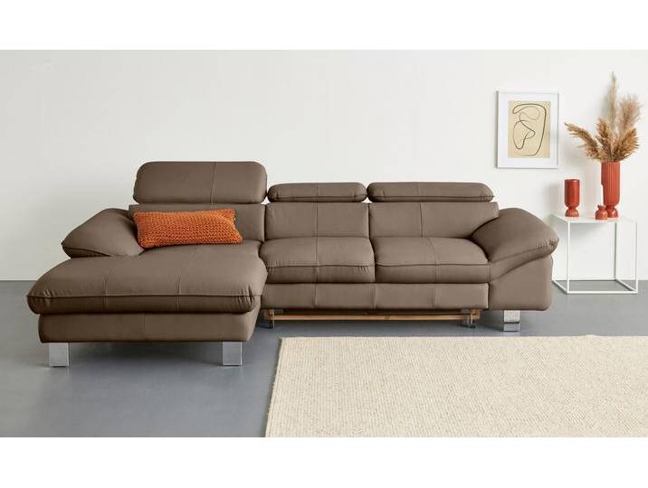 Ecksofa COTTA Driver L-Form , grau (stone), B:268cm H:73cm T:169cm, LEDER BEEFY (ein abgedecktes Spalt-Rindsleder) im Sitz und Rücken (Korpus in Kunstleder), Luxus-Kunstleder, Kunstleder SOFTLUX, NaturLEDER (echtes Rindsleder), Rückseite mit schwarzem Spannstoff bezogen, Sofas, mit Kopfteilverstellung, wahlweise mit Bettfunktion & Bettkasten von Cotta