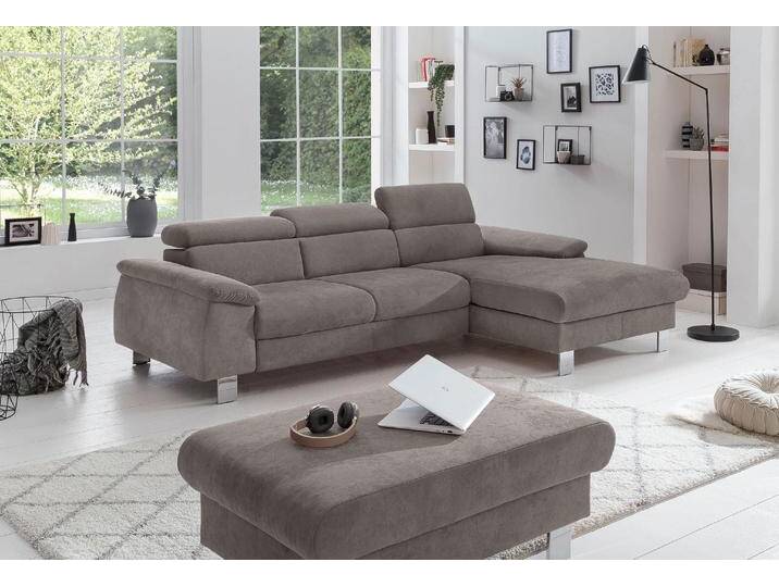 Ecksofa COTTA Komaris L-Form, B: 244 cm , grau, B:244cm H:72cm T:166cm, Microfaser PRIMABELLE (100% Polyester);Kunstleder SOFTLUX(100%Polyurethan);Feinstruktur (100% Polyester);Kunstleder SOFTLUX/Struktur (100%Polyurethan, 90%Polyester, 10% Polyacryl), Sofas, mit Kopfteilverstellung, optional Bettfunktion, Bettkasten & Licht, Topseller von Cotta