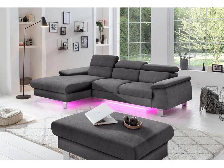 Ecksofa COTTA Komaris L-Form, B: 244 cm , grau, B:244cm H:72cm T:166cm, Microfaser PRIMABELLE (100% Polyester);Kunstleder SOFTLUX(100%Polyurethan);Feinstruktur (100% Polyester);Kunstleder SOFTLUX/Struktur (100%Polyurethan, 90%Polyester, 10% Polyacryl), Sofas, Ecksofa, mit Kopfteilverstellung, optional Bettfunktion, Bettkasten & Licht, Topseller von Cotta