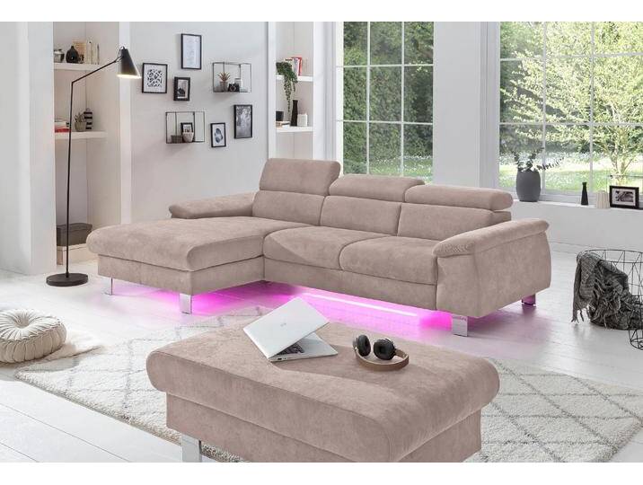 Ecksofa COTTA Komaris L-Form mit Kopfteilverstellung , braun (mud), B:244cm H:72cm T:166cm, Microfaser PRIMABELLE (100% Polyester), Kunstleder SOFTLUX(100%Polyurethan), Feinstruktur (100% Polyester), Kunstleder SOFTLUX/Struktur (100%Polyurethan, 90%Polyester, 10% Polyacryl), Sofas, wahlweise mit Bettfunktion, Bettkasten & Beleuchtung, Topseller von Cotta