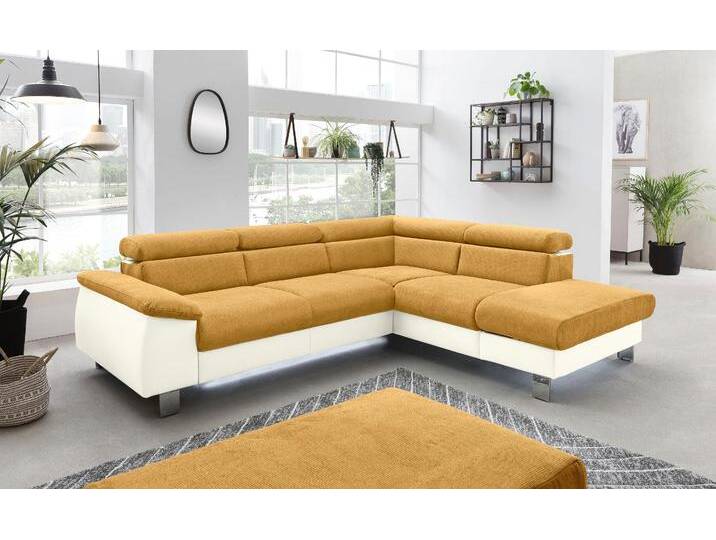 Ecksofa COTTA Komaris L-Form, B: 249 cm , gelb (creme, senf), B:249cm H:72cm T:100cm, Microfaser PRIMABELLE (100% Polyester);Kunstleder SOFTLUX;Feinstruktur (100% Polyester);Kunstleder SOFTLUX/Struktur (100% Polyester);NaturLEDER, Sofas, mit Kopfteilverstellung, optional Bettfunktion, Bettkasten & Licht von Cotta