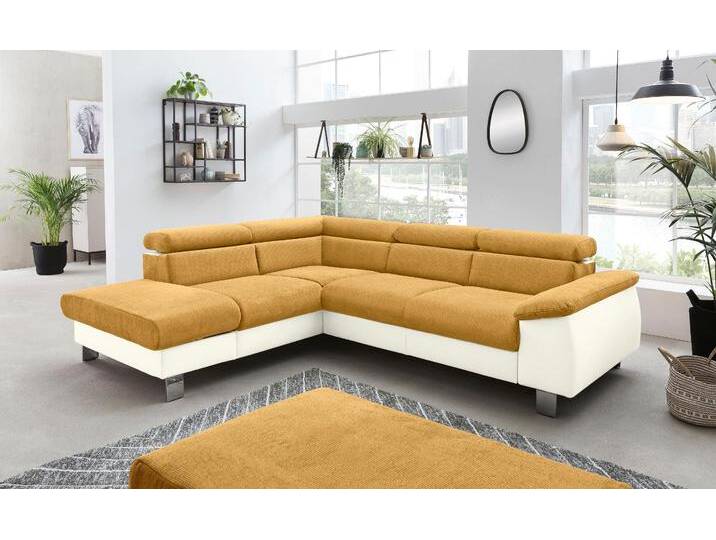 Ecksofa COTTA Komaris L-Form mit Kopfteilverstellung , gelb (creme, senf), B:249cm H:72cm T:100cm, Microfaser PRIMABELLE (100% Polyester), Kunstleder SOFTLUX, Feinstruktur (100% Polyester), Kunstleder SOFTLUX/Struktur (100% Polyester), NaturLEDER, Sofas, wahlweise mit Bettfunktion, Bettkasten & Beleuchtung von Cotta