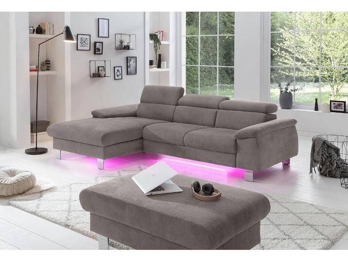 Ecksofa COTTA Komaris L-Form mit Kopfteilverstellung , grau, B:244cm H:72cm T:166cm, Microfaser PRIMABELLE (100% Polyester), Kunstleder SOFTLUX(100%Polyurethan), Feinstruktur (100% Polyester), Kunstleder SOFTLUX/Struktur (100%Polyurethan, 90%Polyester, 10% Polyacryl), Sofas, wahlweise mit Bettfunktion, Bettkasten & Beleuchtung, Topseller von Cotta
