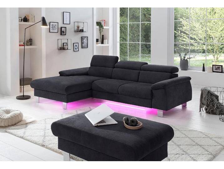 Ecksofa COTTA Komaris L-Form mit Kopfteilverstellung , grau (lava), B:244cm H:72cm T:166cm, Microfaser PRIMABELLE (100% Polyester), Kunstleder SOFTLUX(100%Polyurethan), Feinstruktur (100% Polyester), Kunstleder SOFTLUX/Struktur (100%Polyurethan, 90%Polyester, 10% Polyacryl), Sofas, wahlweise mit Bettfunktion, Bettkasten & Beleuchtung, Topseller von Cotta