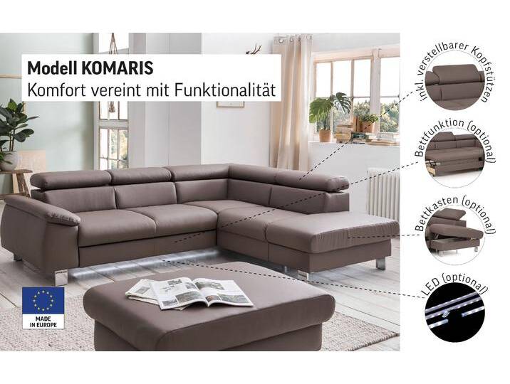 Ecksofa COTTA Komaris L-Form, B: 249 cm , schwarz, B:249cm H:72cm, Microfaser PRIMABELLE (100% Polyester);Kunstleder SOFTLUX;Feinstruktur (100% Polyester);Kunstleder SOFTLUX/Struktur (100% Polyester);NaturLEDER, Sofas, mit Kopfteilverstellung, optional Bettfunktion, Bettkasten & Licht von Cotta