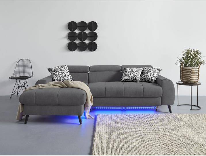 Ecksofa COTTA Mia L-Form mit 3 Zierkissen , grau, B:236cm H:74cm T:164cm, 100% Polyester, Sofas, wahlweise mit Bettfunktion, Bettkasten, Beleuchtung & Wireless-Charger von Cotta