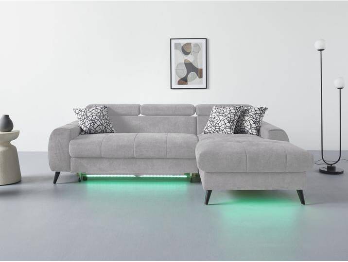 Ecksofa COTTA Mia L-Form mit 3 Zierkissen , grau, B:236cm H:74cm T:164cm, 90% Polyester 10% Polyamid, Sofas, wahlweise mit Bettfunktion, Bettkasten, Beleuchtung & Wireless-Charger von Cotta
