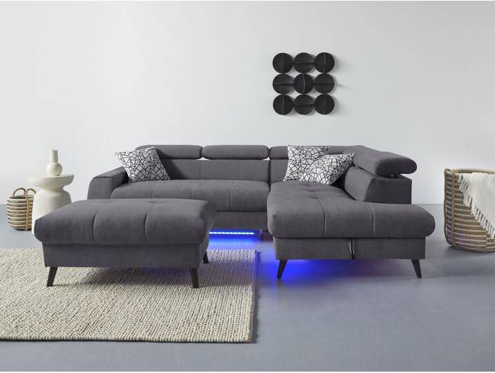 Ecksofa COTTA Mia L-Form mit 3 Zierkissen , grau, B:244cm H:74cm T:193cm, 100% Polyester, Sofas, wahlweise mit Bettfunktion, Bettkasten, Beleuchtung & Wireless-Charger von Cotta