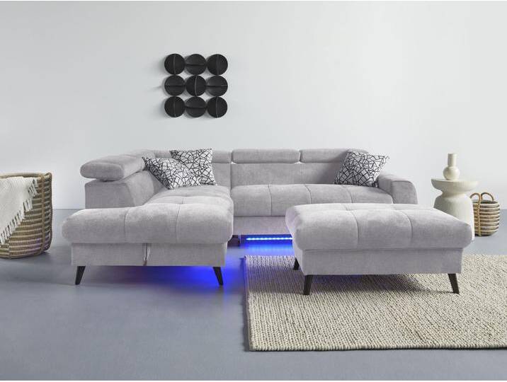 Ecksofa COTTA Mia L-Form mit 3 Zierkissen , grau, B:244cm H:74cm T:193cm, 90% Polyester 10% Polyamid, Sofas, wahlweise mit Bettfunktion, Bettkasten, Beleuchtung & Wireless-Charger von Cotta