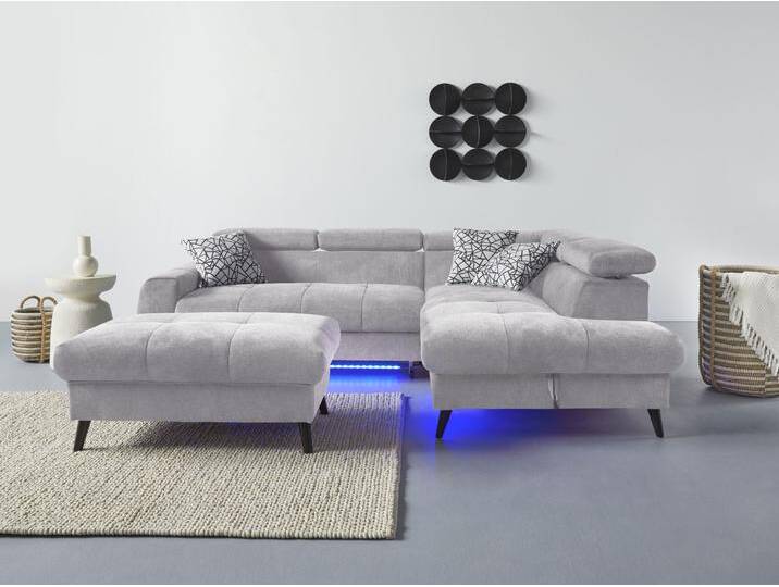 Ecksofa COTTA Mia L-Form mit 3 Zierkissen , grau, B:244cm H:74cm T:193cm, 90% Polyester 10% Polyamid, Sofas, wahlweise mit Bettfunktion, Bettkasten, Beleuchtung & Wireless-Charger von Cotta
