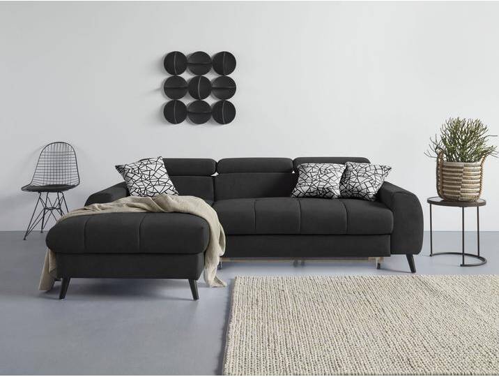 Ecksofa COTTA Mia L-Form mit 3 Zierkissen , grau (charcoal), B:236cm H:74cm T:164cm, 100% Polyester, Sofas, wahlweise mit Bettfunktion, Bettkasten, Beleuchtung & Wireless-Charger von Cotta