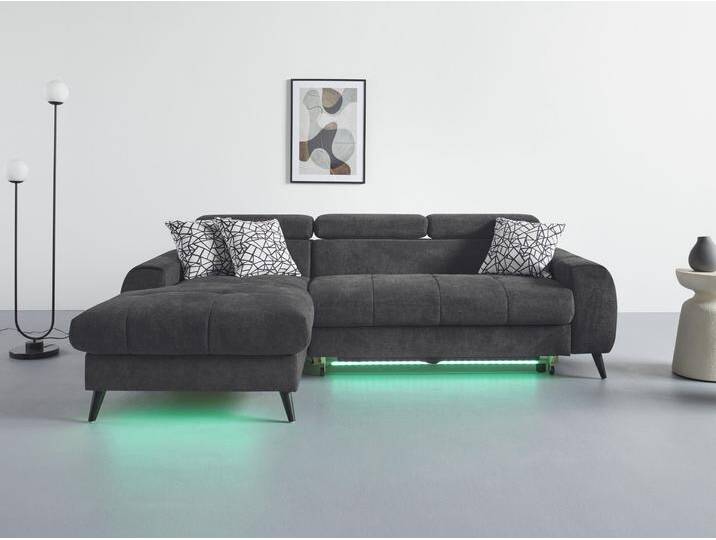 Ecksofa COTTA Mia L-Form mit 3 Zierkissen , grau (charcoal), B:236cm H:74cm T:164cm, 90% Polyester 10% Polyamid, Sofas, wahlweise mit Bettfunktion, Bettkasten, Beleuchtung & Wireless-Charger von Cotta