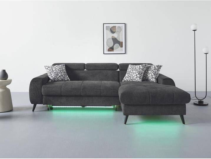 Ecksofa COTTA Mia L-Form mit 3 Zierkissen , grau (charcoal), B:236cm H:74cm T:164cm, 90% Polyester 10% Polyamid, Sofas, wahlweise mit Bettfunktion, Bettkasten, Beleuchtung & Wireless-Charger von Cotta