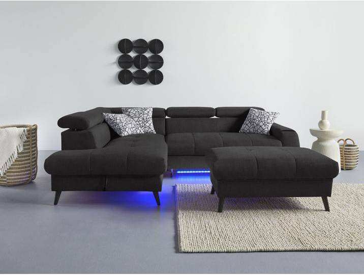 Ecksofa COTTA Mia L-Form mit 3 Zierkissen , grau (charcoal), B:244cm H:74cm T:193cm, 100% Polyester, Sofas, wahlweise mit Bettfunktion, Bettkasten, Beleuchtung & Wireless-Charger von Cotta