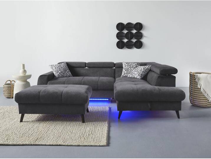 Ecksofa COTTA Mia L-Form mit 3 Zierkissen , grau (charcoal), B:244cm H:74cm T:193cm, 90% Polyester 10% Polyamid, Sofas, wahlweise mit Bettfunktion, Bettkasten, Beleuchtung & Wireless-Charger von Cotta