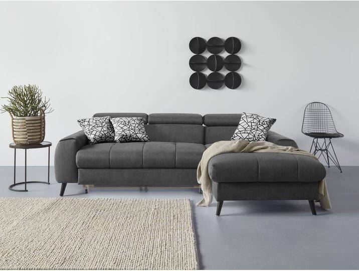 Ecksofa COTTA Mia L-Form mit 3 Zierkissen , grau (dunkelgrau), B:236cm H:74cm T:164cm, 100% Polyester, Sofas, wahlweise mit Bettfunktion, Bettkasten, Beleuchtung & Wireless-Charger von Cotta