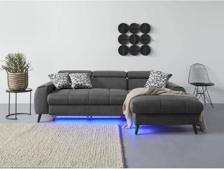 Ecksofa COTTA Mia L-Form mit 3 Zierkissen , grau (dunkelgrau), B:236cm H:74cm T:164cm, 100% Polyester, Sofas, wahlweise mit Bettfunktion, Bettkasten, Beleuchtung & Wireless-Charger von Cotta
