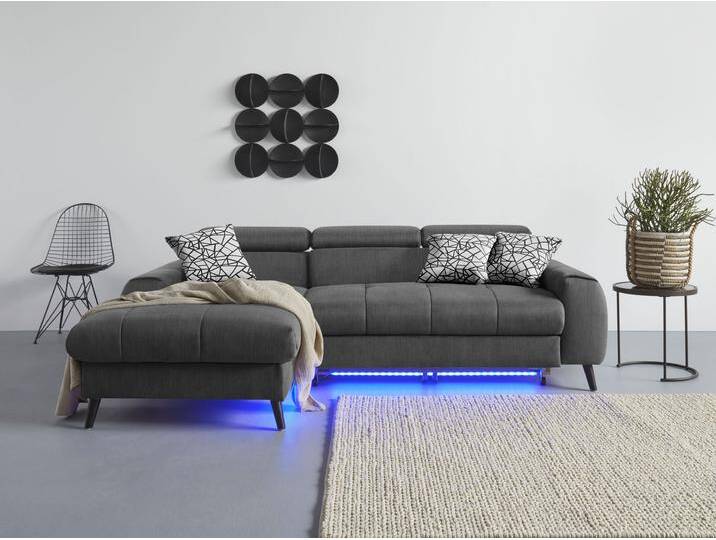 Ecksofa COTTA Mia L-Form mit 3 Zierkissen , grau (dunkelgrau), B:236cm H:74cm T:164cm, 100% Polyester, Sofas, wahlweise mit Bettfunktion, Bettkasten, Beleuchtung & Wireless-Charger von Cotta
