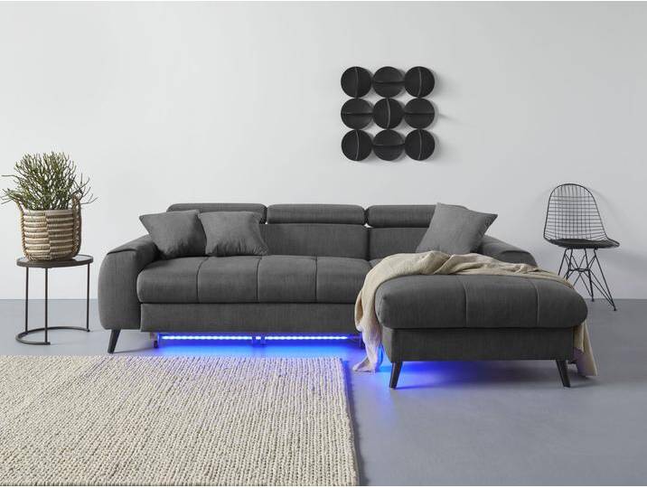 Ecksofa COTTA Mia L-Form mit 3 Zierkissen , grau (dunkelgrau), B:236cm H:74cm T:164cm, 100% Polyester, Sofas, wahlweise mit Bettfunktion, Bettkasten, Beleuchtung & Wireless-Charger von Cotta