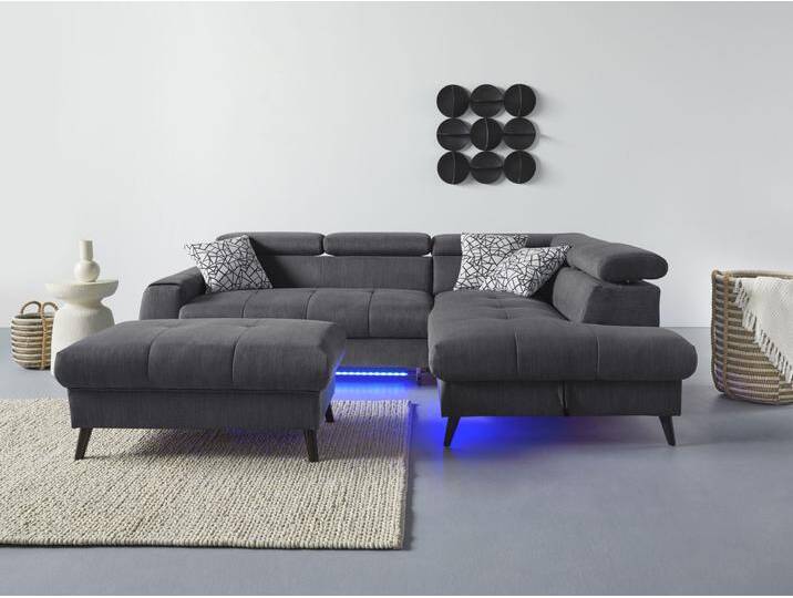 Ecksofa COTTA Mia L-Form mit 3 Zierkissen , grau (dunkelgrau), B:244cm H:74cm T:193cm, 100% Polyester, Sofas, wahlweise mit Bettfunktion, Bettkasten, Beleuchtung & Wireless-Charger von Cotta