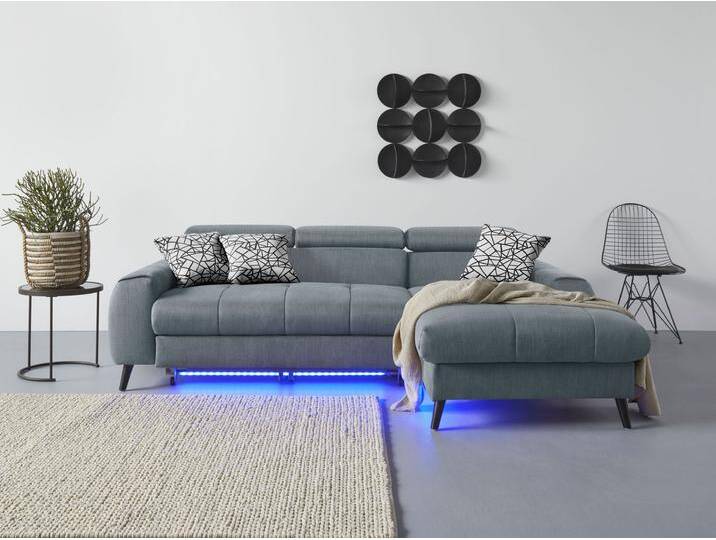 Ecksofa COTTA Mia L-Form mit 3 Zierkissen , grau (niagara), B:236cm H:74cm T:164cm, 100% Polyester, Sofas, wahlweise mit Bettfunktion, Bettkasten, Beleuchtung & Wireless-Charger von Cotta