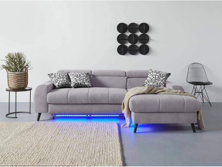 Ecksofa COTTA Mia L-Form mit 3 Zierkissen , grau (stone), B:236cm H:74cm T:164cm, 100% Polyester, Sofas, wahlweise mit Bettfunktion, Bettkasten, Beleuchtung & Wireless-Charger von Cotta
