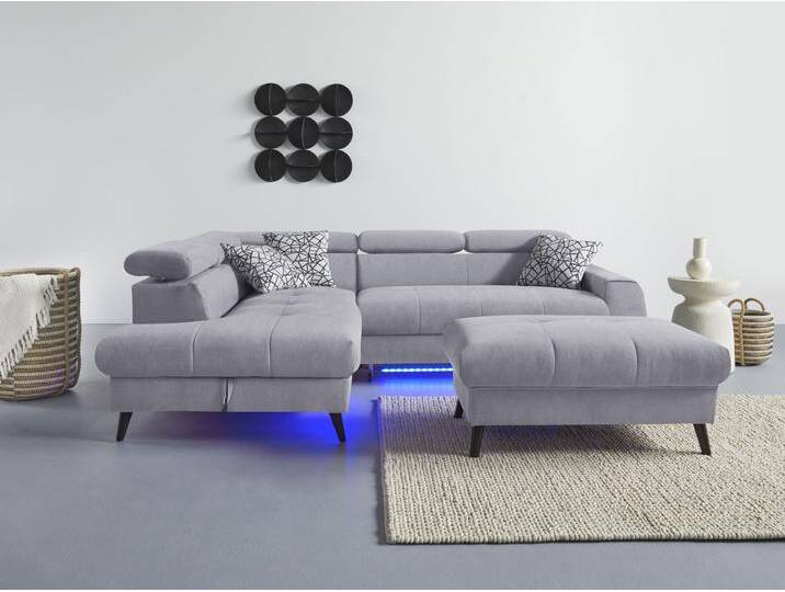 Ecksofa COTTA Mia L-Form mit 3 Zierkissen , grau (stone), B:244cm H:74cm T:193cm, 100% Polyester, Sofas, wahlweise mit Bettfunktion, Bettkasten, Beleuchtung & Wireless-Charger von Cotta
