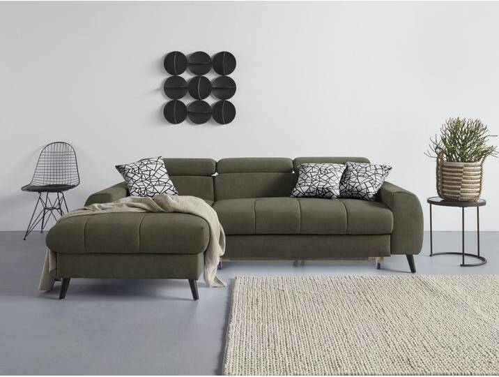Ecksofa COTTA Mia L-Form mit 3 Zierkissen , grün (turtle), B:236cm H:74cm T:164cm, 100% Polyester, Sofas, wahlweise mit Bettfunktion, Bettkasten, Beleuchtung & Wireless-Charger von Cotta