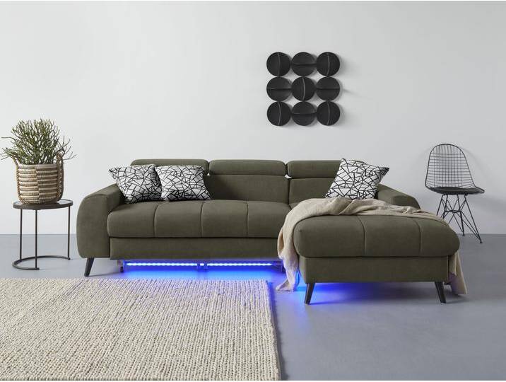 Ecksofa COTTA Mia L-Form mit 3 Zierkissen , grün (turtle), B:236cm H:74cm T:164cm, 100% Polyester, Sofas, wahlweise mit Bettfunktion, Bettkasten, Beleuchtung & Wireless-Charger von Cotta