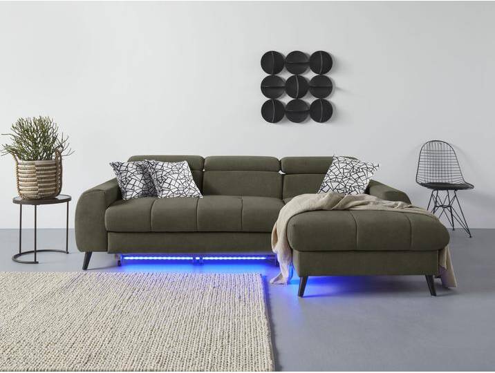 Ecksofa COTTA Mia L-Form mit 3 Zierkissen , grün (turtle), B:236cm H:74cm T:164cm, 100% Polyester, Sofas, wahlweise mit Bettfunktion, Bettkasten, Beleuchtung & Wireless-Charger von Cotta