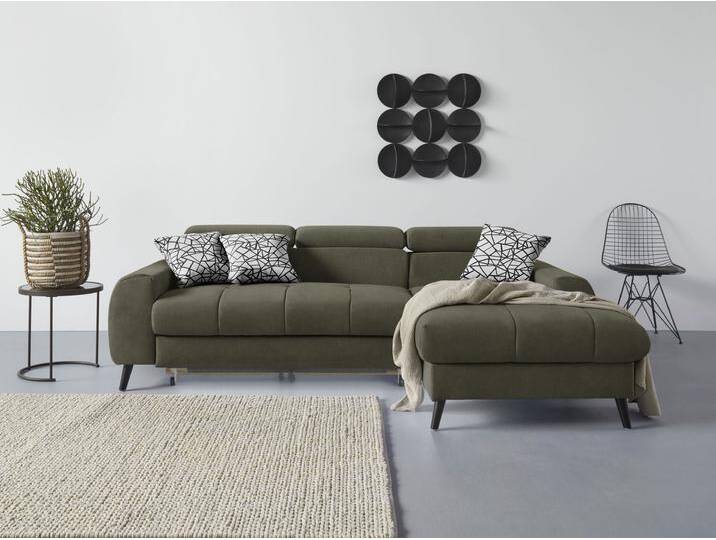 Ecksofa COTTA Mia L-Form mit 3 Zierkissen , grün (turtle), B:236cm H:74cm T:164cm, 100% Polyester, Sofas, wahlweise mit Bettfunktion, Bettkasten, Beleuchtung & Wireless-Charger von Cotta