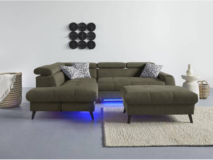 Ecksofa COTTA Mia L-Form mit 3 Zierkissen , grün (turtle), B:244cm H:74cm T:193cm, 100% Polyester, Sofas, wahlweise mit Bettfunktion, Bettkasten, Beleuchtung & Wireless-Charger von Cotta