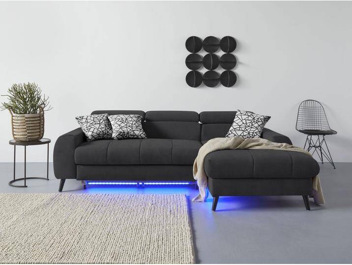 Ecksofa COTTA Mia L-Form mit 3 Zierkissen , schwarz, B:236cm H:74cm T:164cm, 100% Polyester, Sofas, wahlweise mit Bettfunktion, Bettkasten, Beleuchtung & Wireless-Charger von Cotta